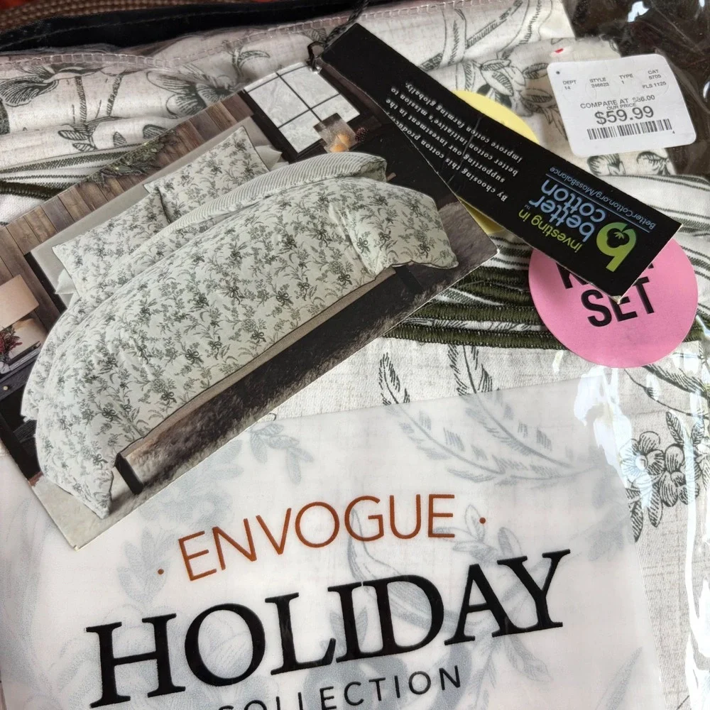 NWT EnVogue Duvet Set Holiday Floral Toile Bows Reversible King Green Cottage